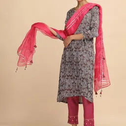 folk song W The Folksong Collection - Women Dark Brown Ajrakh Print Kurta In Modal Satin image 5