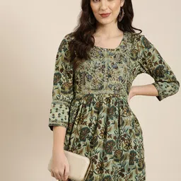 SHOWOFF Floral Printed Thread Work A-Line Kurta-image-58