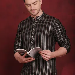 Anouk Black Striped Band Collar Straight Kurta image 4