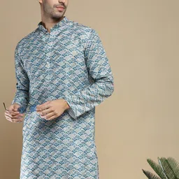 Anouk Blue Abstract Printed Zari Mandarin Collar Cotton Straight Kurta-picture-35