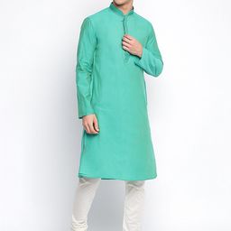here&now x sanwara Sanwara Men Green Solid Art Silk Mandarin Collar Kurta-picture-20