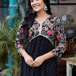 Label Khoj V Neck Floral Printed A-Line Kurta image 4