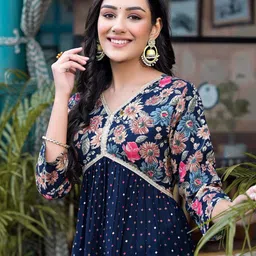 Label Khoj V Neck Floral Printed A-Line Kurta image 4