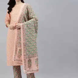 Vbuyz Women Peach & Green Ethnic Motifs Printed Gotta Patti Kurta with Trousers & Dupatta-picture-30