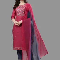 Berrylicious Women Pink Embroidered Chanderi Cotton Kurta with Trousers & With Dupatta image 1