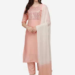 Berrylicious Women Peach Mirror Work Chanderi Cotton Kurta with Trousers & Dupatta image 1