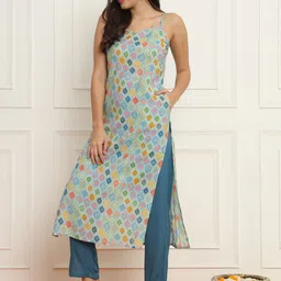 Meeranshi Shoulder Straps Sleeveless Ethnic Motifs Printed Pure Silk Kurta with Trouser-picture-28