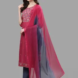 Berrylicious Women Pink Embroidered Chanderi Cotton Kurta with Trousers & With Dupatta image 5