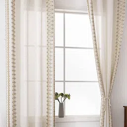 URBAN SPACE Global White & Brown Geometric Embroidered Border Window Curtains image 1