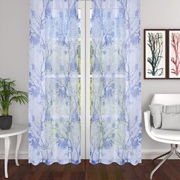 THE CONVERSION Off  White & Blue 2 Pieces Floral Tissue Fabric Sheer Long Door Curtains-picture-12