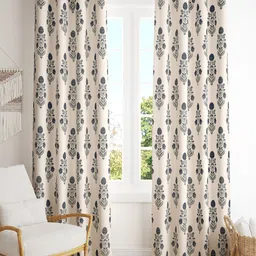 Trance Home Linen Jaipuri Off White & Blue 2 Pieces Floral Cotton Door Curtain-picture-11