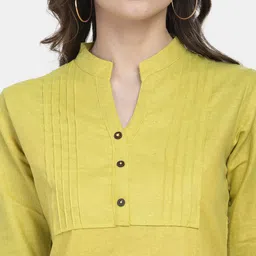 Aarsha Yellow Solid A-Line Pure Cotton Pleated Kurti image 2
