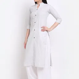 Aarsha Women Grey Striped Printed Straight Cotton Kurta image 3