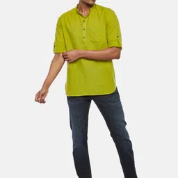 indus route by Pantaloons Men Lime Green & acid green Patchwork Kurta image 5