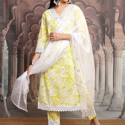 Vishudh Women Floral Printed Regular Thread Work Pure Cotton Kurta with Trousers & Dupatta-picture-4