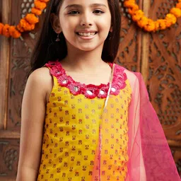 pspeaches ROJAA Girls Ethnic Motifs Printed Regular Mirror Work Kurta With Sharara & Dupatta image 4