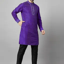 Utsav Fashion Men Yoke Design Pleated Mirror Work Dupion Silk Kurta with Trousers image 2