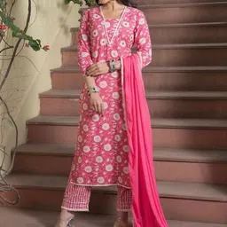 RangDeep Floral Printed Pure Cotton Straight Kurta With Trousers & Dupatta image 5