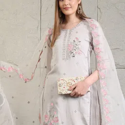 KALINI Women Embroidered Regular Sequinned Chanderi Cotton Kurta with Trousers & With Dupatta image 2