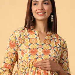CRAFIQA Ethnic Motifs Printed Pure Cotton Band Collar Maternity A-Line Kurta image 4