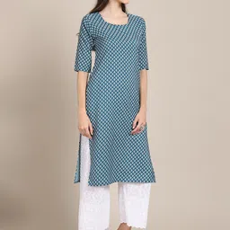 7threads KALINI Women Blue & White Geometric Printed Crepe Kurta image 3