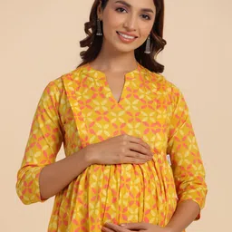 CRAFIQA Floral Printed Mandarin Collar Pure Cotton Maternity Anarkali Kurta image 5