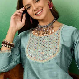 Sangria Ethnic Motifs Yoke Design Mirror Work Straight Kurta image 2