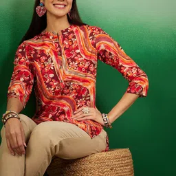 Sangria Floral Printed Band Collar Kurti image 1