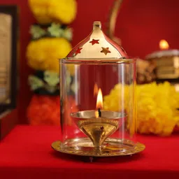 ghar saaz Akhand Diya with Glass Shade for Mandir, Decorative Brass & Glass Oil Lamp Brass, Glass Table Diya-picture-18