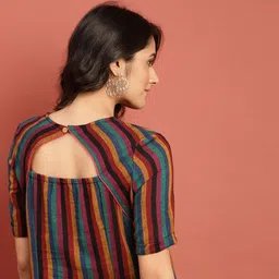 Taavi Women Multicoloured Striped Woven Legacy Straight High-Low Sustainable Kurta with Styled Back image 1