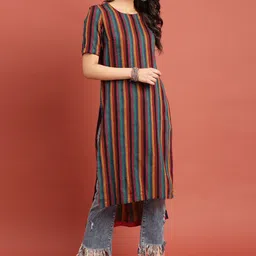 Taavi Women Multicoloured Striped Woven Legacy Straight High-Low Sustainable Kurta with Styled Back image 2
