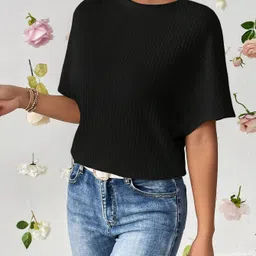 rahi trendz Casual Butterfly Sleeves Self Design Women Black Top image 4