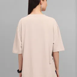 hellcat Women Printed Round Neck Cotton Blend Beige T-Shirt image 2