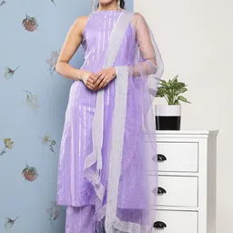 Varanga Women Lavender Striped Pure Cotton Kurta with Trousers & With Dupatta image 2