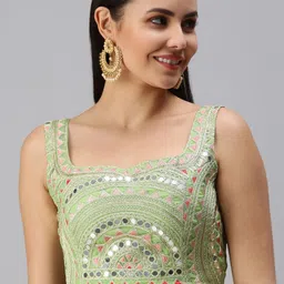 flaher Green Mirror Work Embroidered Padded Readymade Blouse image 1