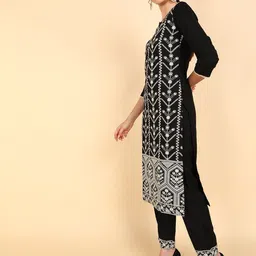 AHIKA Women Black Ethnic Motifs Embroidered Layered Chikankari Kurta with Trousers & With Dupatta image 5