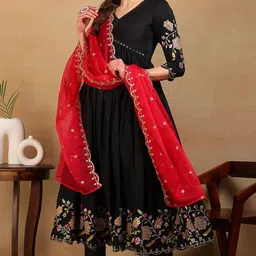 KALINI Floral Embroidered V-Neck Anarkali Kurta with Trousers & With Dupatta image 1