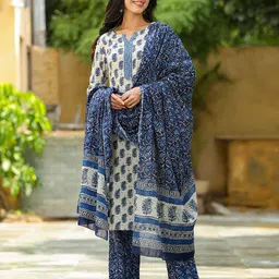 AHIKA Floral Printed Straight Gotta Patti Kurta with Trousers & Dupatta image 2