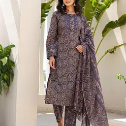 Yufta Paisley Printed Regular Pure Cotton Kurta with Trousers & With Dupatta image 1
