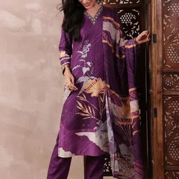 AHIKA Floral Printed Thread Work Straight Kurta with Trousers & Dupatta image 2