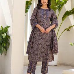 Yufta Paisley Printed Regular Pure Cotton Kurta with Trousers & With Dupatta image 5