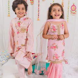 pspeaches Boys Pink Floral Printed Pure Cotton Kurta with Trouser-picture-27