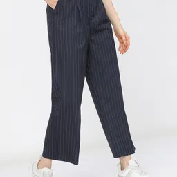 Tokyo Talkies Women Navy Blue Striped Flared Pleated Parallel Trousers image 2