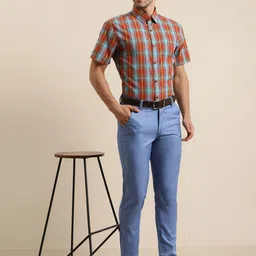 SOJANYA Men Blue Smart Straight Fit Solid Formal Trousers image 2