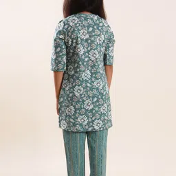 Sangria Girls Sea Green Floral Printed Pure Cotton Straight Kurta With Trouser image 4