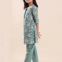 Sangria Girls Sea Green Floral Printed Pure Cotton Straight Kurta With Trouser image 5