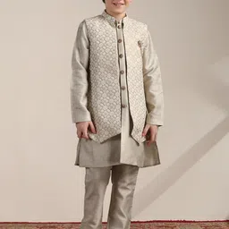 Manyavar Boys Mandarin Collar Straight Kurta And Trousers With Jacket-picture-14