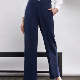 SASSAFRAS Women Navy Blue Straight Fit High-Rise Pleated Bootcut Trousers-image-57