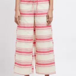 W Women White Striped Pleated Cotton Trousers-image-82