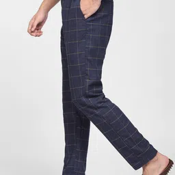 Jack & Jones Men Navy Blue Checked Cotton Trousers image 2